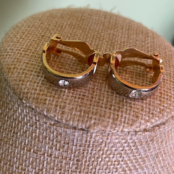 Elegant Gold and White Crystals Clip On Hoop Earrings - Picture 2 of 3